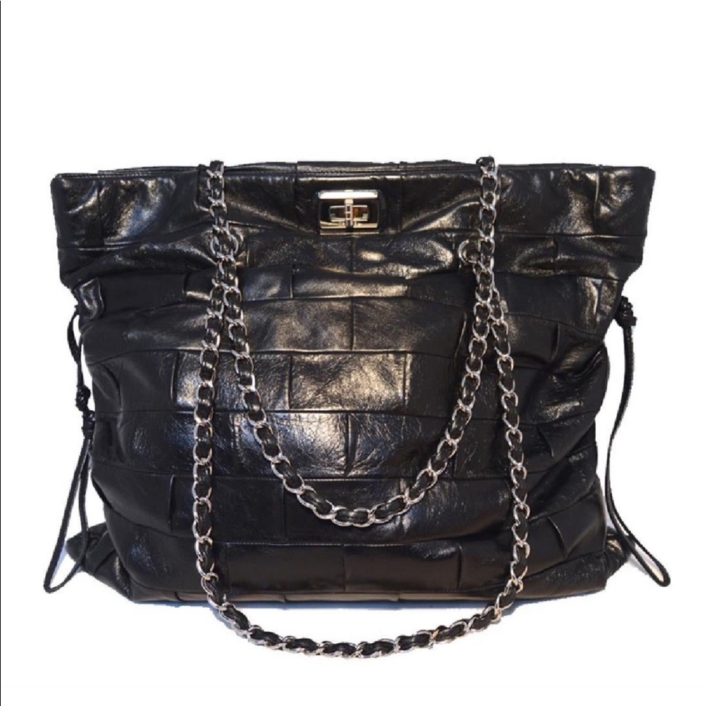 Chanel Black Leather Square Quilted Shoulder Tote